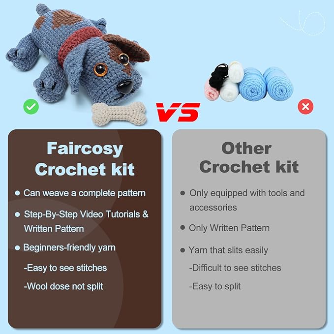 Faircosy Animal Crochet Kit for Beginners Adults: Learn to Crochet Starter Kits with Detailed Video Tutorials - DIY Crochet Cute Dog Kit for Women Men