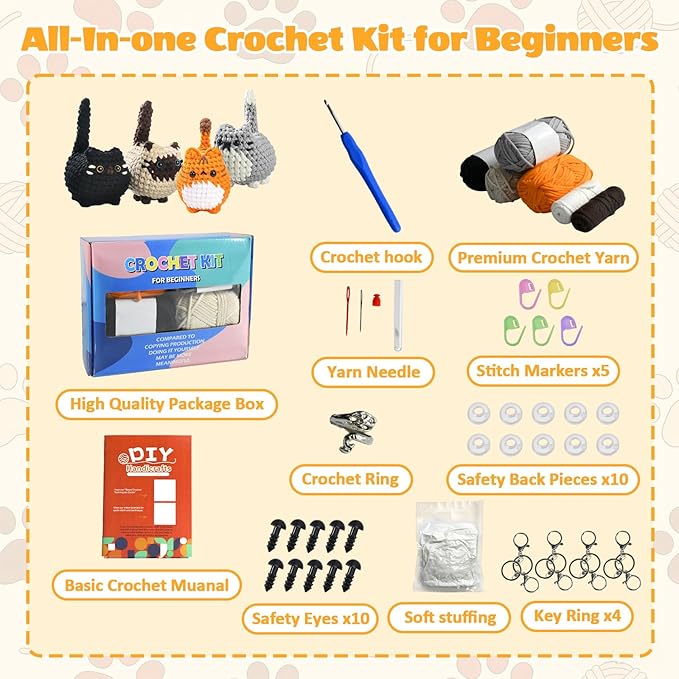Esoes Crochet Kit for Beginners-4PCS Cat Crochet Kits for Adults, Amigurumi Crochet Animals Cat Crafts Crochet Kits, Holiday Gifts