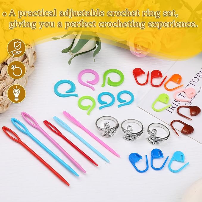 Yizzvb 3 Pcs Crochet Ring+30Pcs Stitch Markers, Adjustable Tension Rings for Finger Yarn, 6 Large Eye Blunt Needles, Knitting & Crochet Accessories Set for DIY Crafts,Crocheters Knitters