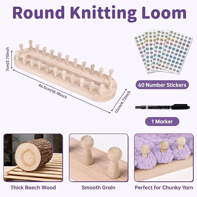 HomdMarket 18-inch Round Knitting Loom, Adjustable Circular Weaving Loom for Hats & Scarves - Premium Pure Beech Wood, Beginner-Friendly - Includes Number Stickers & Marker