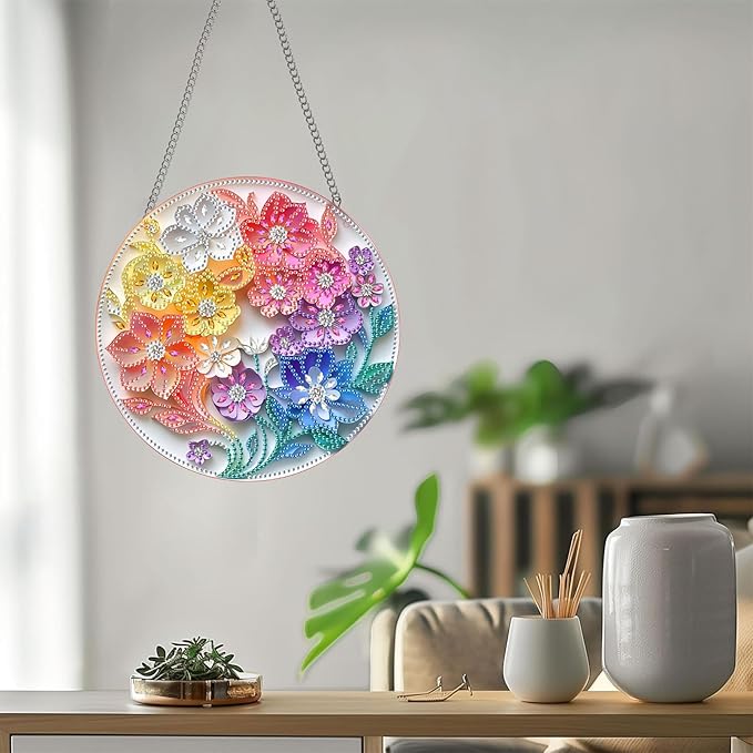 Bimkole Colorful Flowers Diamond Art Hanging Kit for Adult, DIY 5D Diamond Art Stamens Window Pendant, Acrylic Crystal Art Hanging Ornament Home Wall Garden Front Door Sign Outdoor Decor 7.8x7.8 Inch