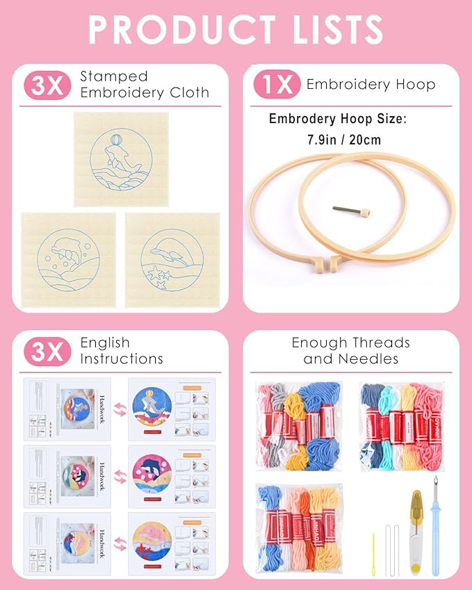 TINDTOP Punch Needle Kits, 3 Pack Punch Needle Embroidery Kits for Adults Beginner, Tool with Punch Needle Fabric, Hoops, Yarns and Sewing Needles (Dolphin)