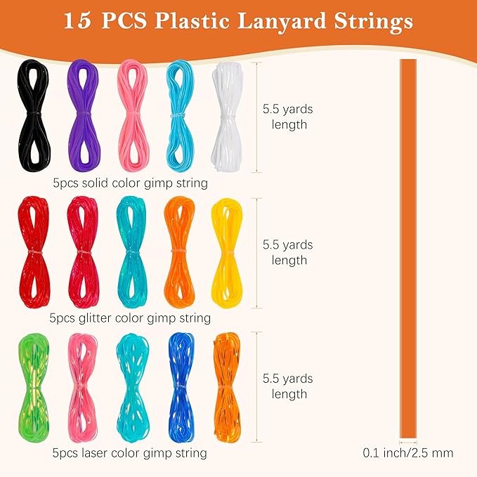 PP OPOUNT Lanyard String Kit for Summer Camp Adults – 15 Plastic Gimp Strings with 40 Keychain Accessories & Instructions, DIY Bracelets Keychains Adults Gift Craft Set(Solid/Glitter/Laser Colors)
