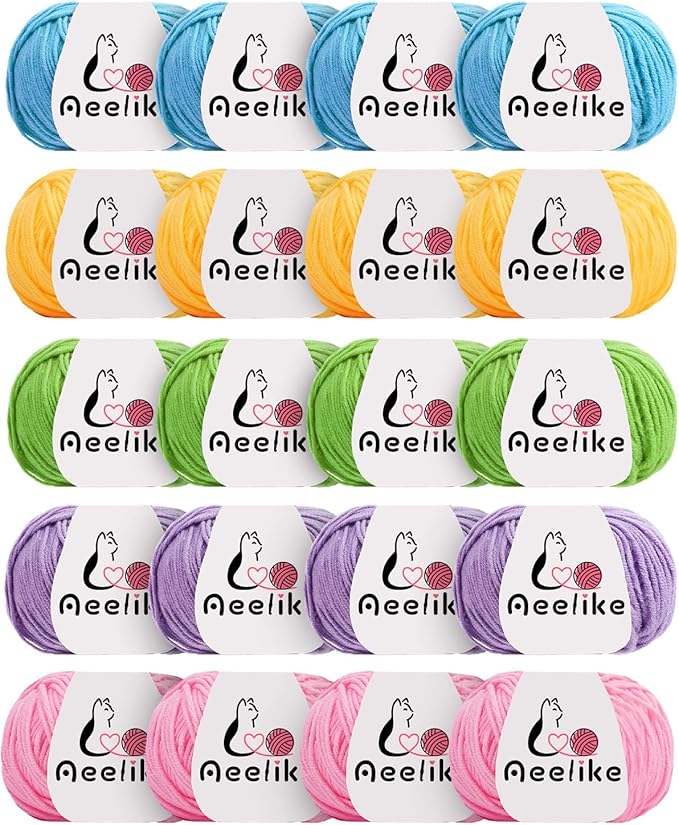 Aeelike Cotton Yarn for Crocheting, 20 PCS Multicolored Cotton Acrylic Yarns Set 4 Medium (Worsted) Crochet Yarn Bundle for Beginner Making DIY Crafts & Small Colorful Projects (Color C)