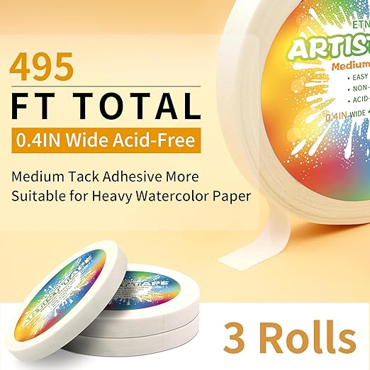 3 Packs White Art Tape Medium Tack Artist Masking Tape Paper Acid Free Tape Watercolor Painters Tape Artists Tape for Drafting Art Watercolor Painting Canvas Framing, 0.4 inch Wide 495FT Long