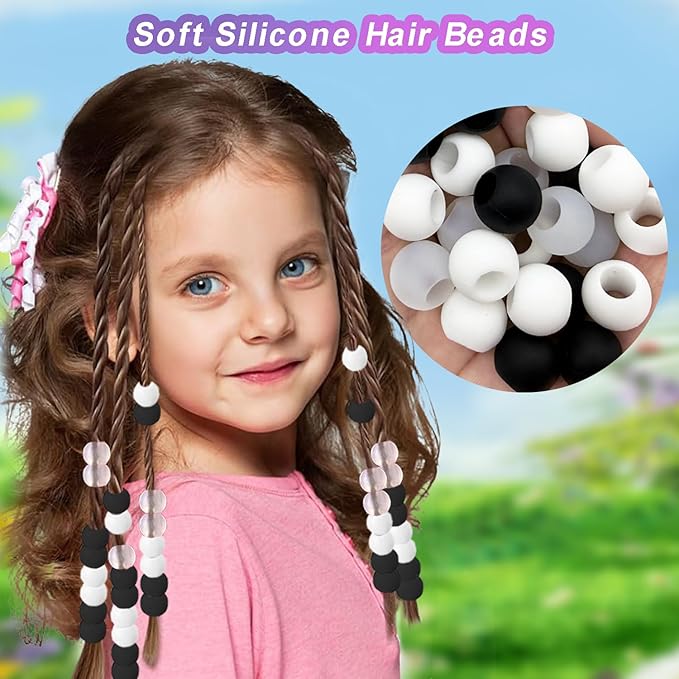 120Pcs 14mm Large Silicone Beads for Hair Braids, Soft Jellyish Hair Beads with 7mm Hole + 50 Rubber Bands and 1 Beader for Braiding, DIY Bracelets Necklaces Crafts(Black)