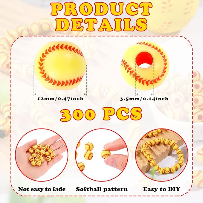Giegxin 300 Pack Acrylic Softball Beads 12 mm Sports Ball Beads for Bracelets Jewelry Making Necklace Charms Craft Keychain Home Decoration Accessories(Softball)