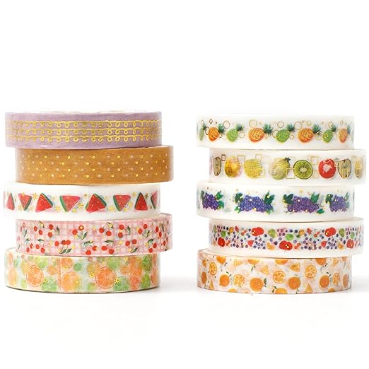 YUBBAEX 10 Rolls Sparkling Washi Tape Set 8mm Skinny Gold Foil Decorative Masking Washi Tapes for Bullet Journal,Scrapbook, Planner, DIY Crafts (Various Fruits)