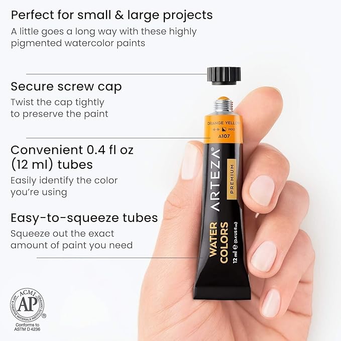 ARTEZA Watercolor Paint Set, 24 Colors, 12 ml / 0.4 fl oz Tubes, Highly Pigmented Watercolor Paints for Washes, Layering, Blending, and Everyday Watercolor Techniques