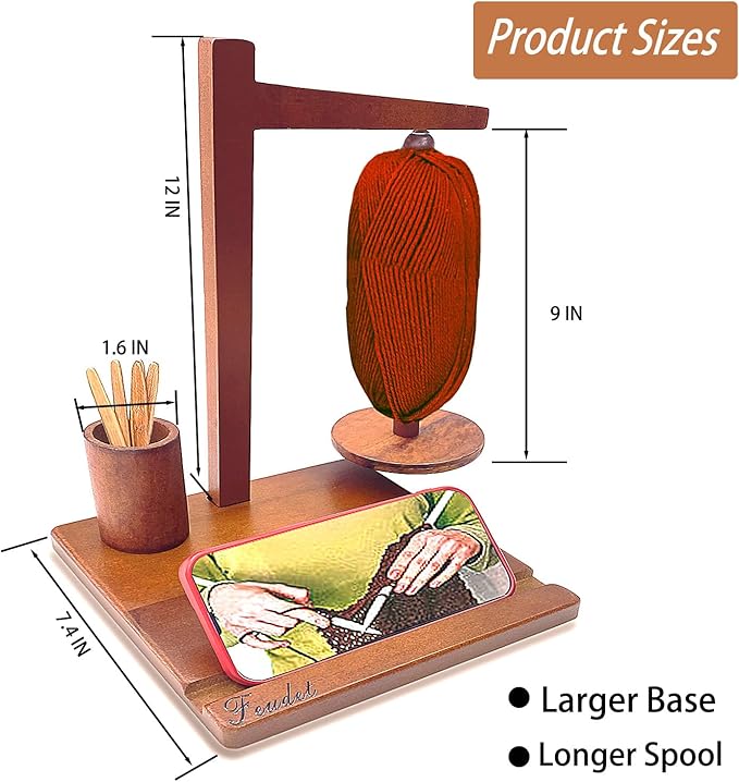 Feudet Wooden Yarn Holder with Phone Stand for Crocheting & Knitting，Magnetict Yarn Ball Holder Spinner Organizer with Crochet Hook Storage (Natural Wood Gift for Crocheters)