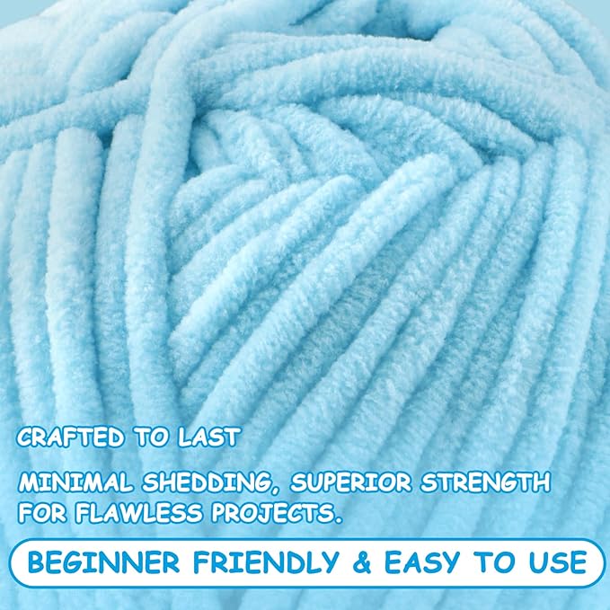 Chunky Velvet Yarn for Crocheting, 2-Pack 14.1oz 524.8 Yards Total, Super Soft Chenille Plush Yarn for Baby Blankets, Amigurumi, Scarves | 20 Colors (2, Sky Blue)