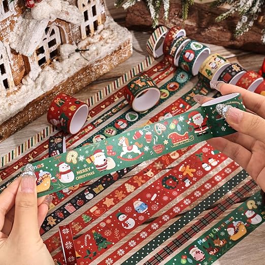 Christmas Theme Washi Tape Set, 12 Rolls Christmas Washi Tape Writable Decorative Tapes for Scrapbooking, Junk Journal Supplies, Bullet Journaling, 0.6"x79" per Roll