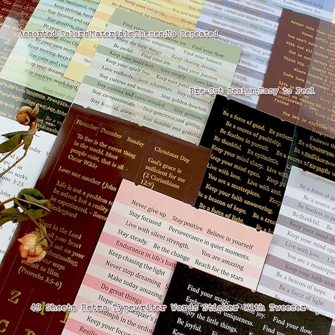 48 Sheets Quote Words and Sayings with Bible Verses Journaling Stickers Books for Junk Journal Supplies, 1692Pcs Gold Foil Transparent PET Stickers for Scrapbooking, Bujo, Card Making