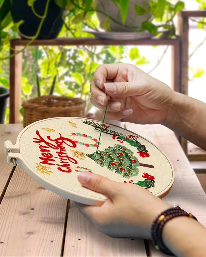TINDTOP Christmas Embroidery Kit for Adult, 5 Pack Embroidery DIY Starter Kit, with Stamped Patterns, Hoop, Tools, Colorful Threads with Needles, Instructions