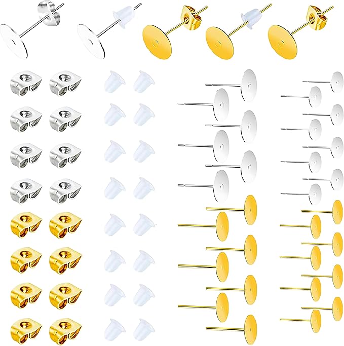 450pcs earring posts and backs,stainless steel earring studs for jewelry making,hypoallergenic with butterfly and rubber earring backs for jewelry diy making findings