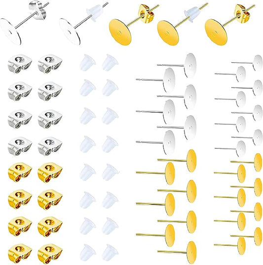 450pcs earring posts and backs,stainless steel earring studs for jewelry making,hypoallergenic with butterfly and rubber earring backs for jewelry diy making findings