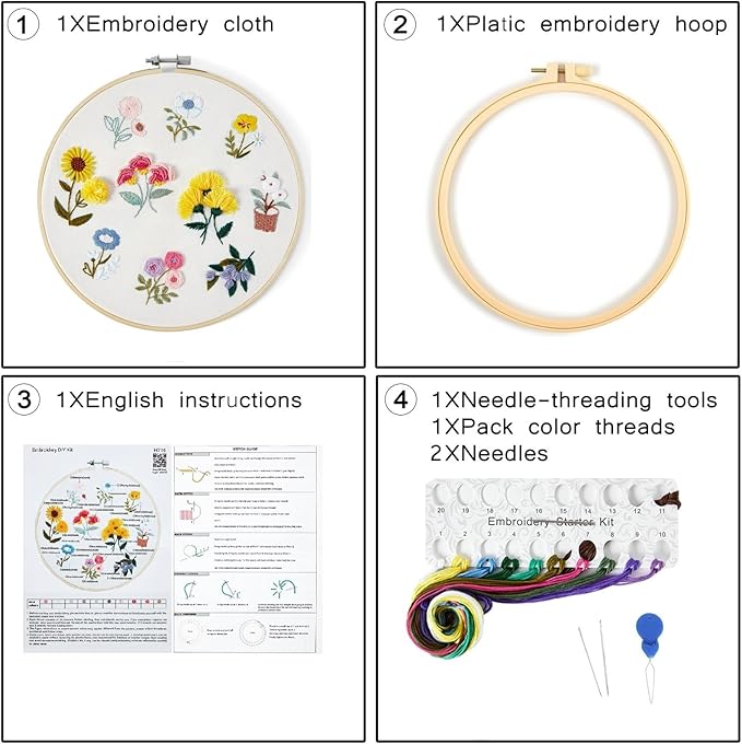 Embroidery Kit for Beginners Adults, Cute Flowers Embroidery Starter Kits, Floral Stamped Cross Stitch Kits for Beginner Adults Craft Kits for Women, Entire Set of Embroidery Supplies & Video Tutorial