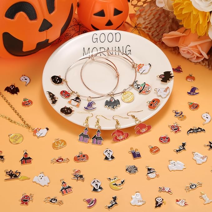 100Pcs 50 Pairs Halloween Charms for Jewelry Making and Bracelets, Gold Enamel Jewelry Pendants for Halloween Earring Bracelet Necklace Craft Making