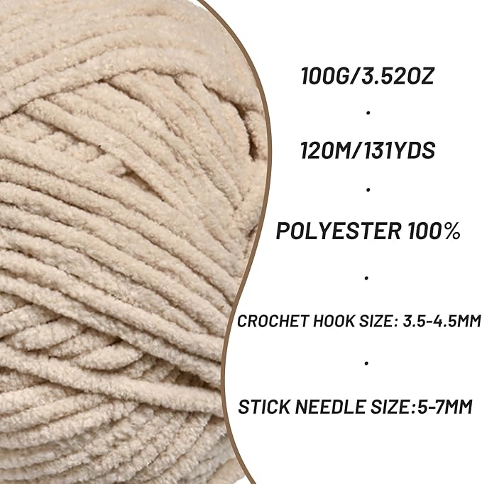 Plush Chenille Chunky Crochet Yarn - Baby Yarn for Crocheting Soft - Velvet Yarns Knitting for Blankets Crafts - Fluffy Amigurumi Yarns 100g / 131yd (Light Khaki)