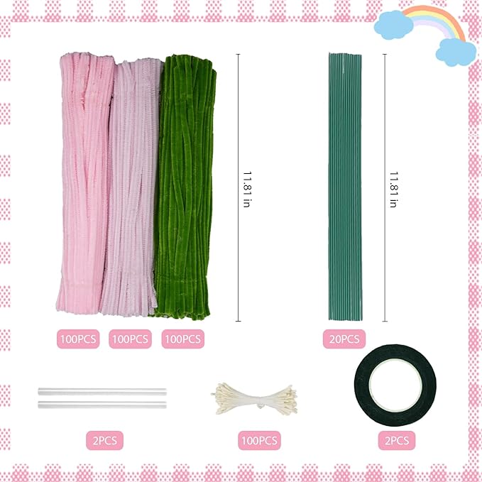 300 Pcs Pink and Green Thick Pipe Cleaners Craft Supplies for Floral Bonquet DIY Flower Making Kit for Starter with Floral Wires, Gardening Tape,Stamen Gift Wrapping Party Decor