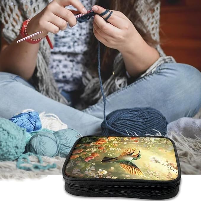 Hechitok Hummingbird Flower Crochet Hook Case, Zipper Storage Organizer Bag with Web Pockets for Crochet Needles/Knitting Accessories/Crochet Hook Kit Tools Easy to Hold