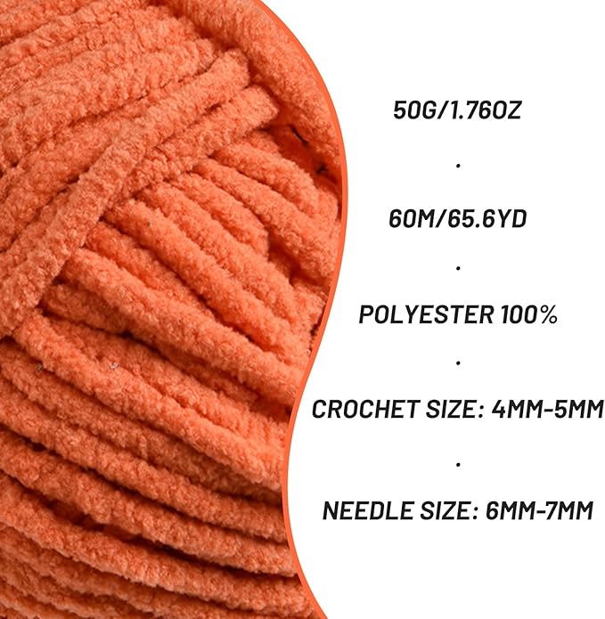 Plush Chenille Chunky Crochet Yarn - Baby Yarn for Crocheting Soft - Velvet Yarns Knitting for Blankets Crafts - Fluffy Amigurumi Yarns 50g / 65.6yd (Orange)