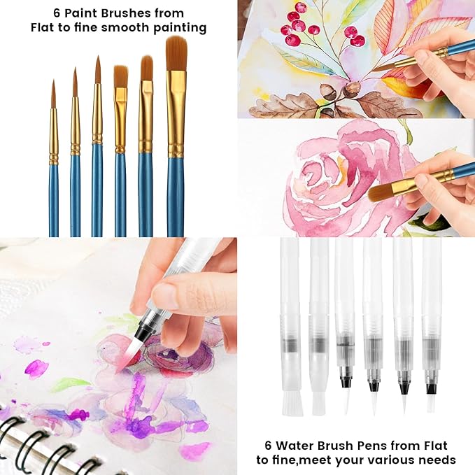 Watercolor Paint, 48 Colors Washable Paint Set, 6 Brush, 6 Refillable Water Brush Pen, Drawing Pad, Palette, Painting sets for Artists Beginners Adult, Water Color Paint Sets for Kids
