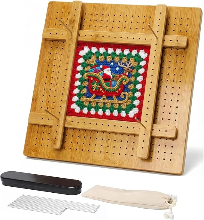 13”Crochet Blocking Board - Upgraded Style with 4 Tension Rods and 20 Pegs – Blocking Boards for Crochet Projects, Ideal for Granny Square Card Deck Users （Natural Colour）