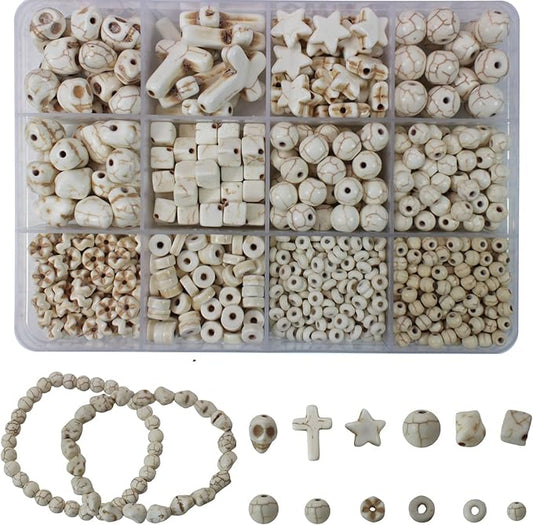 PAMIR TONG Turquoise Beads Sets for Bracelet 1183pcs Cross-Skull Head-Heishi Space Howlite Turquoise Rocks Stone Assortment Beads for DIY Crafts-Necklace-Charms- Jewerly Making (White Set)