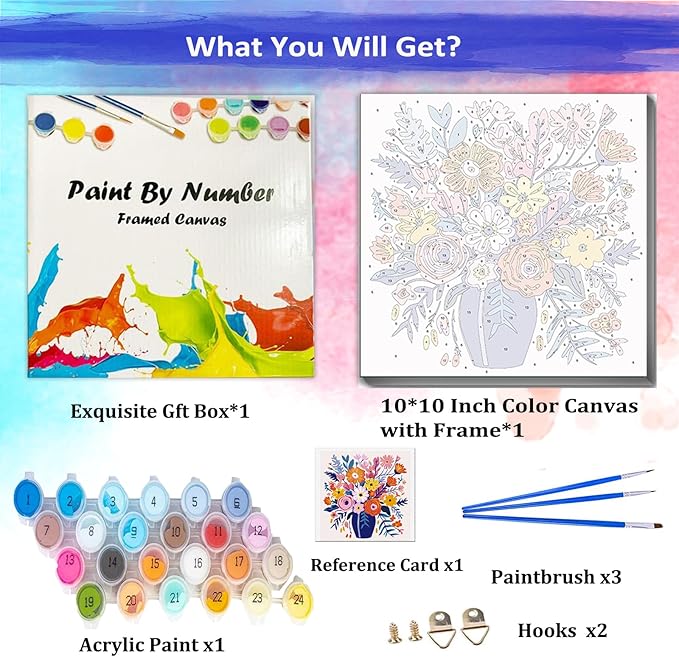 JUJUHOOD Abstract Flowers Paint by Numbers Kit for Adults Beginner & Kids Ages 8-12, Flower in Vase Paint by Number Without Easel, Simple Paint by Numbers for Gift Home Wall Decor (10x10Inch)