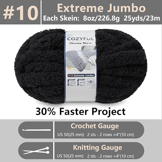 Chunky Yarn for Hand Knitting - #10 Chunky Chenille Yarn, Jumbo Big Thick Chunky Yarns for Crocheting, Super Bulky Chunky Knit Blanket Yarns, 8 Skein (25 yds 8 oz Each Skein), Black