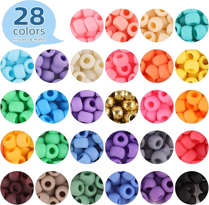 Miss Rabbit 28 Color 9 mm Pony Beads for Bracelet Making Kit, Matte Frosted Kandi Beads for Jewelry Making Hair Braids Crafts School Gift with Rubber Band＆Hair Beader (Include organizing Box)