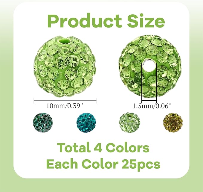 100pcs Green Rhinestone Clay Beads, Round, 10mm (0.39" Diameter, 1.8mm Hole), DIY Craft Bead Kit for Jewelry Making, Bracelets, Necklaces, Earrings