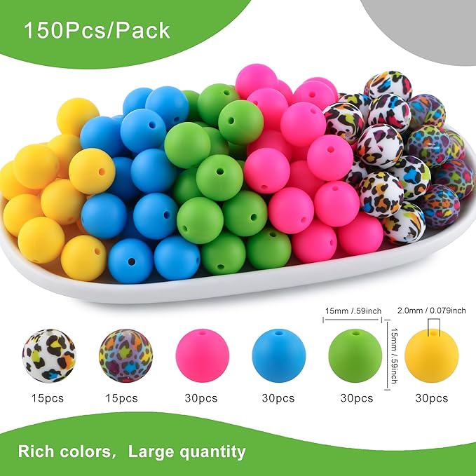 150Pcs Mixed Color 15mm Silicone Beads for Keychain Making, Pink Blue Leopard Print Silicone Beads for Pens and Bracelet Jewelry Making