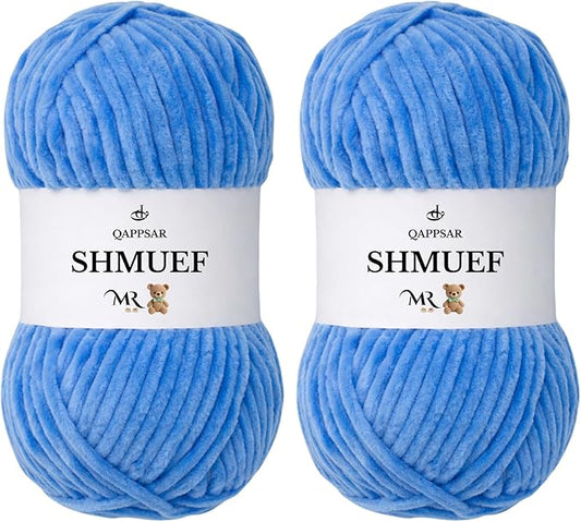 SHMUEF Chenille Yarn 2-Pack – Ultra Soft Velvet Yarn, Super Bulky Weight (5–6 mm), Yarn for Crochet, Amigurumi & Baby Blankets (Bright Sky Blue)