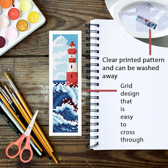 ORIGACH 6 Set Ocean Wave and Nautical Cross Stitch Bookmark Kit for Beginner with Backing Felt Floss Instructions DIY Stamped Embroidery Bookmark Kit for Adults, Book Lovers