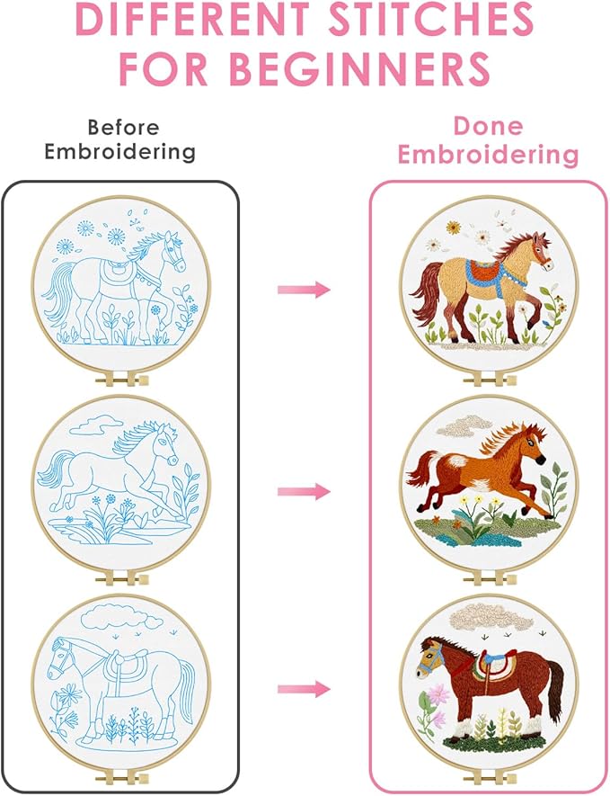 TINDTOP Embroidery Kit for Adult, 3 Pack Embroidery DIY Starter Kit, with Stamped Patterns, Hoop, Tools, Colorful Threads with Needles, Instructions