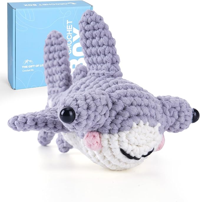 CrochetBox Crochet Kit for Beginners - Hammerhead Shark Starters Crochet Kit, Beginners Crocheting Kitting for Adults Teen, Gifts with Crochets Yarns, Hook, Step-by-Step Video, Instruction