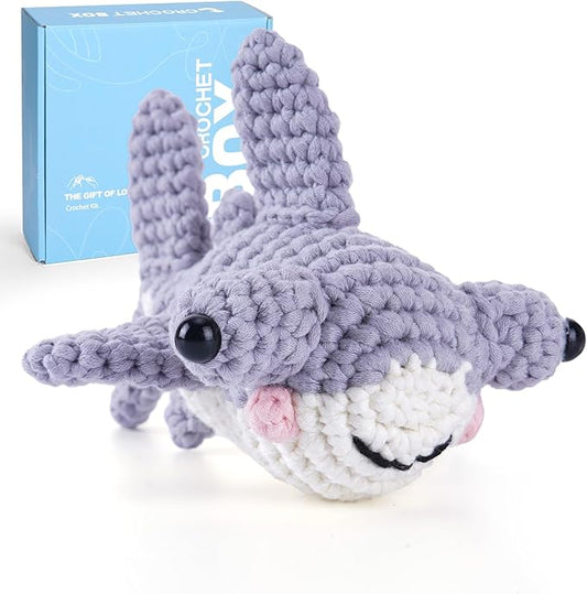 CrochetBox Crochet Kit for Beginners - Hammerhead Shark Starters Crochet Kit, Beginners Crocheting Kitting for Adults Teen, Gifts with Crochets Yarns, Hook, Step-by-Step Video, Instruction