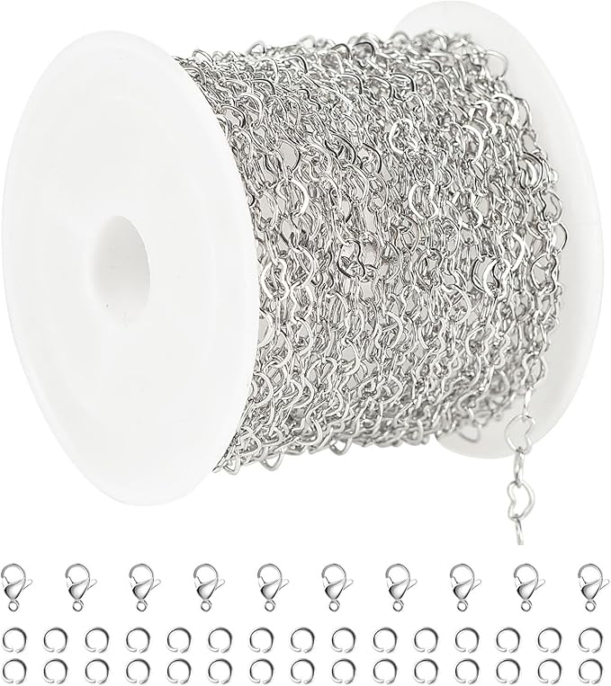 UMAOKANG 16.4 Feet Heart Chain for Jewelry Making Stainless Steel Heart Link Chains Bulk with Jump Rings and Lobster Clasps