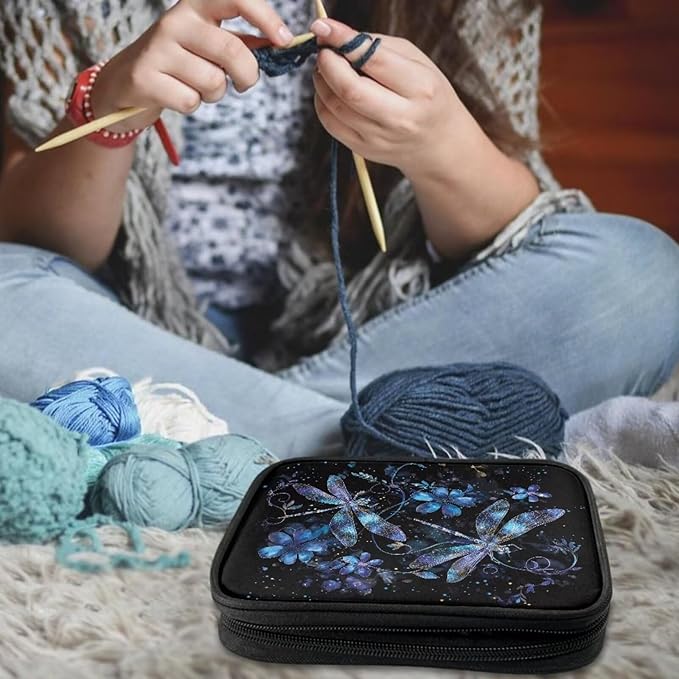 Hechitok Dragonfly Flower Empty Crochet Hook Case Portable Travel Crochet Storage Bag Organizer Zipper Bags with Web Pocket and Crochet Holder Slots for Crochet Knitting Accessories