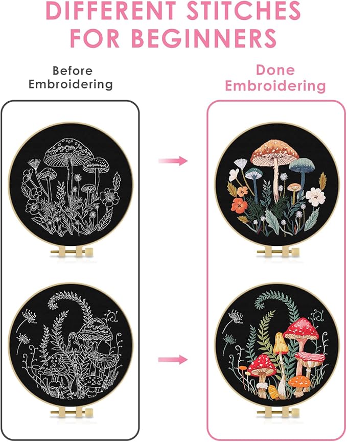 TINDTOP 2 Pack Embroidery Kit for Adult Beginners, Embroidery DIY Starter Kit, with Mushroom Stamped Patterns, Hoop, Tools, Colorful Threads with Needles, Instructions