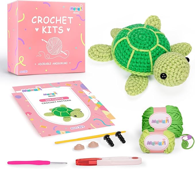 Mewaii Crochet Kit for Beginners Level 1 with 40% Extra Eco-Friendly Pre-Started Easy Yarn, Step-by-Step Video Tutorials for Adults and Kids (Green Sea Turtle)