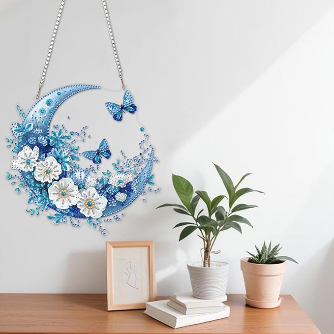 NAIMOER Diamond Art Hanging Kits for Adults Moon Butterfly 5D Special Shaped Rhinestone, DIY Acrylic Diamond Art Painting Window Pendants Home Garden Wall Hanging Ornament Kits, Double Sided