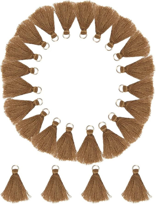 MSCFTFB 100 Pieces Mini Tassels Mala Tassel Kit with Jump Rings for Earring Necklace Jewelry Making Garland Keychain Charms Crafts Decorations(Khaki)