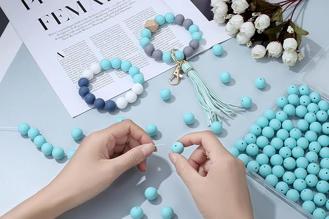 MAIBAOTA 120 Pcs Caribbean Blue Silicone Beads 15 mm Caribbean Blue Beads for Keychain/Pens/Bracelet/Necklace Making Round Silicone Beads Bulk for Craft Making（with Boxed Kits）