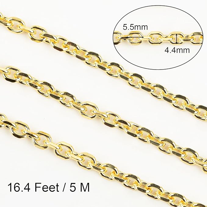 Jabogrii 16.4 Feet 18K Gold Plated Brass Jewelry Chains Roll Oval Paperclip Chains DIY Necklace Bracelet Chain with Lobster Clasps and Open Jump Rings for Jewelry Making