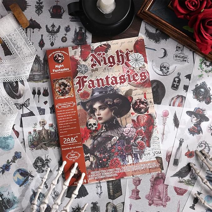 Washi Stickers for Scrapbook, 24 Sheets Goth Sticker Book for Journaling, Dark Aesthetic Pre-Cut Stickers Book for Junk Journal Supplies Collage DIY Crafts Phone Cases Adult