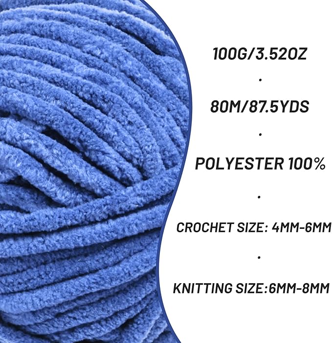 2 Pack Chunky Chenille Yarn for Crocheting, Baby Yarn for Crocheting Soft Blanket, 174.9 yds /7 oz Crochet Yarn, Bulky 5 Amigurumi Yarns, Fluffy Velvet Yarns for Knitting Crafts (2 Azure)