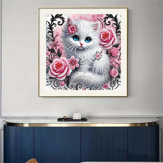 SHICERNHJ Animal Cat 5D Diamond Painting Kits for Adults,Flower Cat Diamond Art Kits for Special Shape,DIY Partial Drill Crystal Rhinestone Painting kit for Home Wall Decor 12 X 12Inch